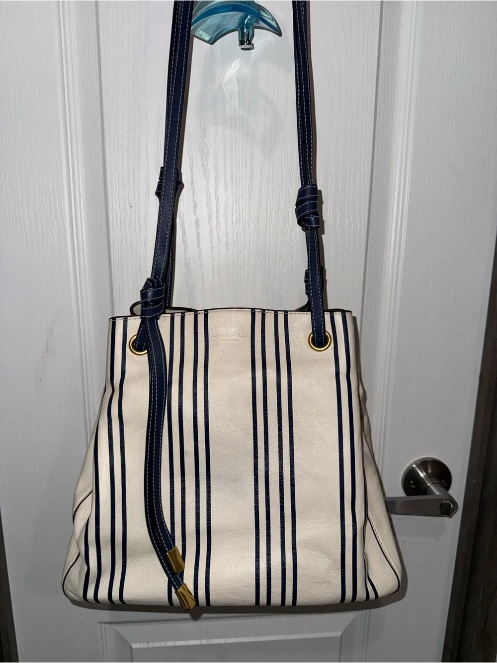 Tory Burch Navy and White Striped Bucket Shoulder Bag